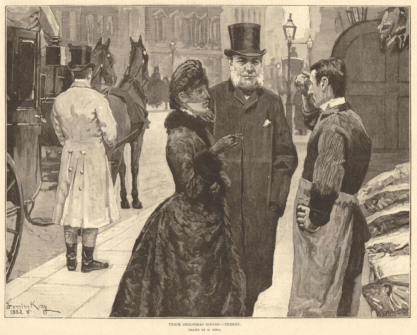 Their Christmas dinner - Turkey. Drawn by G. King. Markets 1883 old print